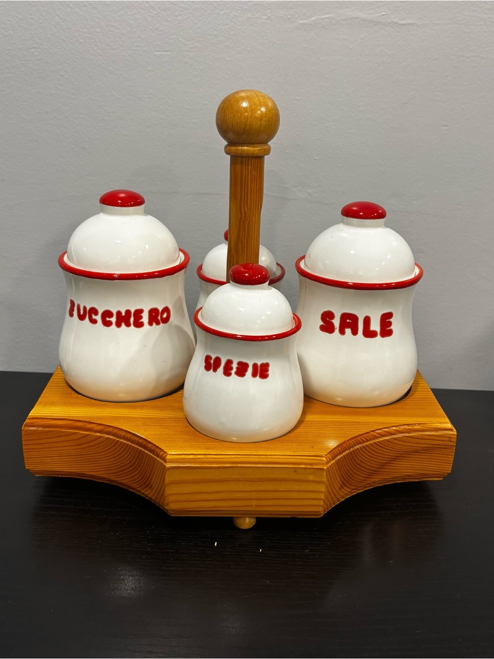 Vintage Italian spice, sugar, salt pepper w wood caddy jars kitchen